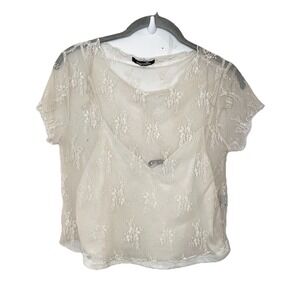 Y2K Sugarkiss Ivory Floral Mesh Fairycore Crop Top Sheer Layering Crew Size M